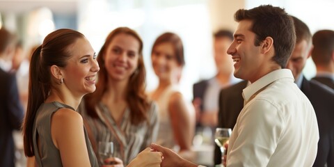 Two individuals engaging in a pleasant conversation at a business networking event with people around