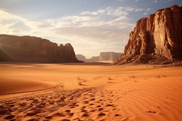 Scenic view of sunlit desert with towering cliffs and textured sand dunes