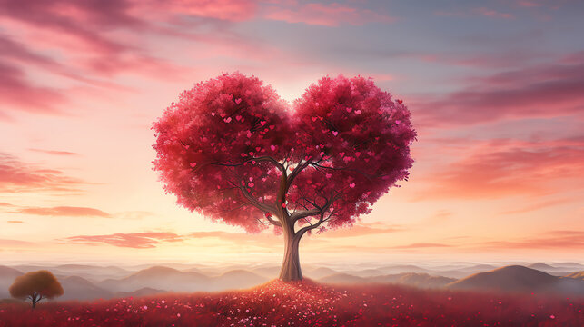 A beautiful landscape image of a large pink tree in the shape of a heart