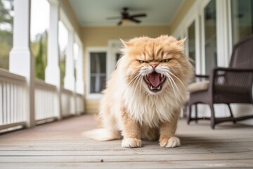 Lifestyle portrait photography of a funny persian cat begging for food isolated onn appealing front porch