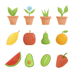 Set of watercolor vector elements fruits and plants.