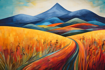 hopeful mountain surrounded by field. abstract landscape painting, generative ai