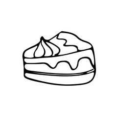 A cute hand-drawn slice of cake, a black and white piece of cake icon, a pastry doodle