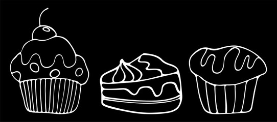 A set of hand-drawn pastry drawings, a muffin, a cupcake and a slice of cake doodles, a chalkboard style bakery doodles