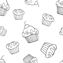Cupcakes doodles repeat pattern, a seamless background with hand-drawn muffins, a black outline drawing on a white background