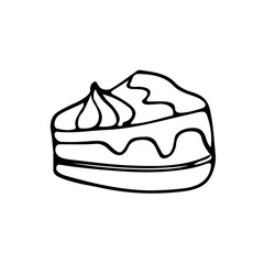 A cute hand-drawn slice of cake, a black and white piece of cake icon, a pastry doodle
