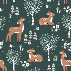 Seamless vector pattern with cute hand drawn fawn, birch trees, mushrooms and flowers. Perfect for textile, wallpaper or nursery print design.