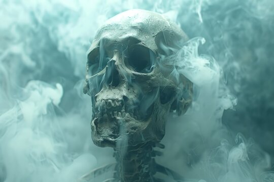 A human skull is featured in a dreamlike composition, shrouded by a gentle mist, creating a haunting image