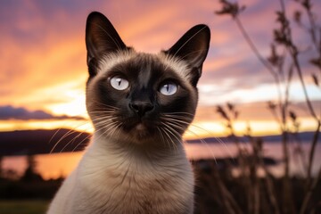 Headshot portrait photography of a happy siamese cat climbing isolated on captivating sunset - Powered by Adobe