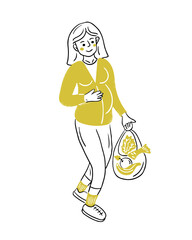 Doodle illustration of pregnant happy woman with shopping bag and healthy food in it. Outline flat sketchy drawing isolated on white background. Vector health care concept for logo, sticker