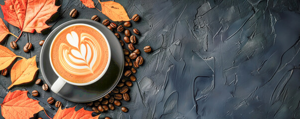Energizing brew, aromatic coffee with milk design on autumn-themed dark gray surface.