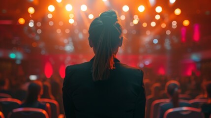 A female motivational speaker on stage discusses happiness, diversity, success, leadership, STEM and how to be productive. A woman presents at a conference for the tech industry.