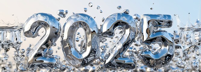 The image shows the number 2025 made of water with droplets floating around it, symbolizing freshness and new beginnings