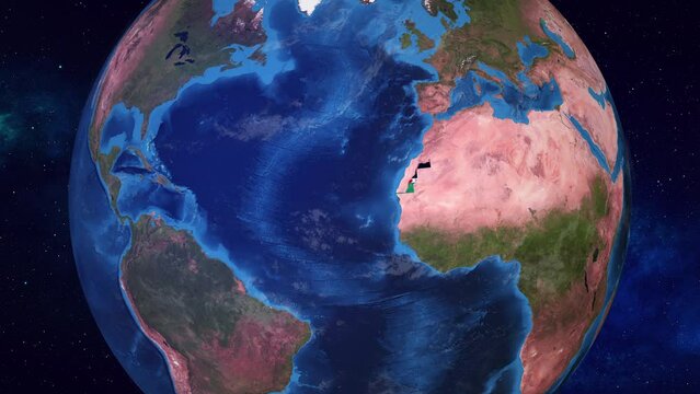 Western Sahara: 3D Animation of Earth with Country Flag in 4K Zoom, Showcasing Dakhla's Kite Beach