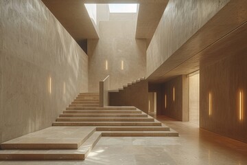 A minimalistic architectural shot showing a contemporary staircase bathed in natural light, reflecting simplicity and elegance