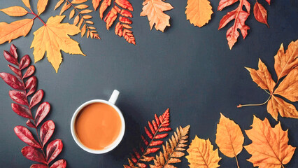 Aesthetic appeal, aromatic coffee with milk art on clean, autumn-colored dark gray surface.