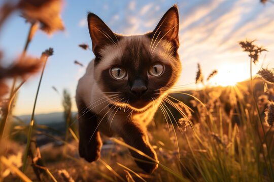 Medium shot portrait photography of a curious siamese cat pouncing on captivating sunset