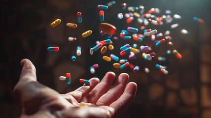 Multicolored medical pills and capsules fly over the hand, levitation of medical preparations
