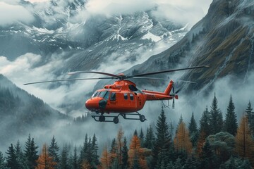 A striking image of a vibrant red helicopter flying against the backdrop of misty, snow-capped mountains and lush forests - Powered by Adobe