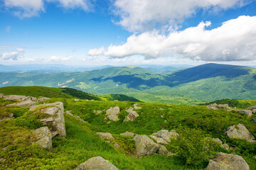 scenery of polonyna smooth. mountainous landscape of ukraine in summer. stones on the grassy hillside in dappled light beneath a blue sky with clouds. travel destination of carpathian mountains