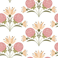 Retro seamless pattern with abstract symmetrical floral composition in folk style in muted colors. Botanical fantasy flat illustration in boho style for wedding. Print design for textile or wallpaper