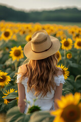 Woman with straw hat on her back in a field of sunflowers
