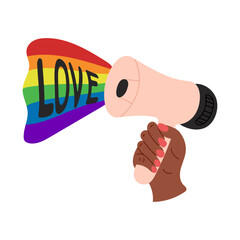 Flat Pride month poster with hand and megaphone with rainbow flag. Supporting LGBTQ community. Love and exception concept. Vector flat hand drawn elements isolated on white background