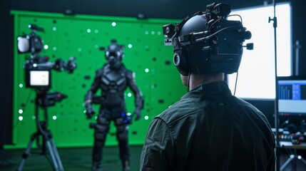 Fototapeta premium Actors wear motion tracking suits and head rigs while a director directs a green screen CGI scene in the big film studio. Professional crew shooting blockbuster film.