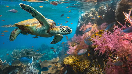 Sea turtle or marine turtle swimming in ocean with coral reefs
