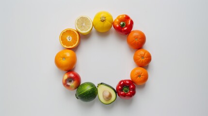 Conceptual image of spinning fruits and vegetables forming a circle, symbolizing unity