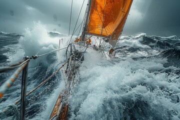 A vibrant orange sail contrasts against the tumultuous blue waves in this high sea storm scenario