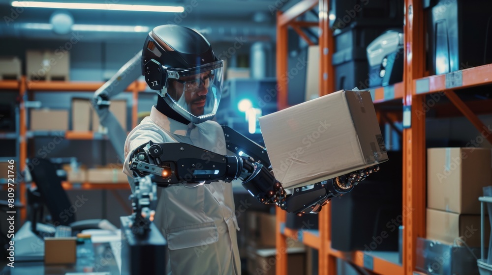 Poster the development laboratory: engineers take a look at robotics exoskeleton prototypes, viewing a pers