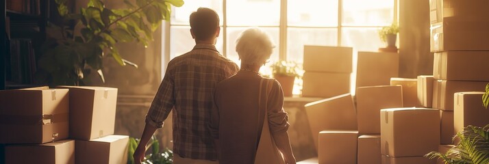 An elderly couple gazes into their sunlit room filled with moving boxes, signifying a new beginning