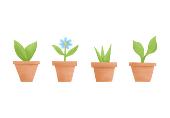Fototapeta premium Set of watercolor vector illustrations of plants in a pots.