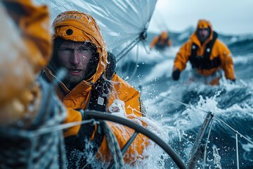 A focused sailor adjusts the sails during a turbulent ocean storm while his crew battles the elements behind him