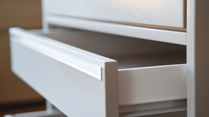 Modern white drawers captured in a close-up, perfectly contrasted with a warm taupe background to highlight their crisp design