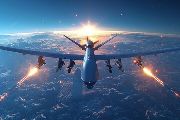 Fototapeta premium A military drone with multiple missiles cruising high above the cloud cover with a beautiful sunrise in the background