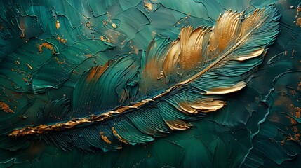 Artistic background. Golden brushstrokes. Textured background. Oil on canvas. Modern art. Feathers, greens, grays, wallpapers, posters, cards, murals, rugs, hangings, prints, posters.