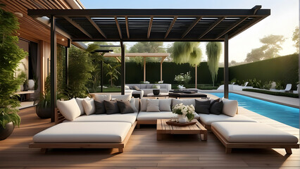 Fototapeta premium Elegant outdoor living area seamlessly blending modern furniture, lush greenery, and a tranquil pool for a luxurious relaxation space