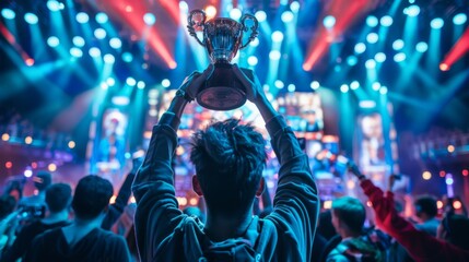 An esports team that won a video games tournament celebrates their victory by cheering and holding...