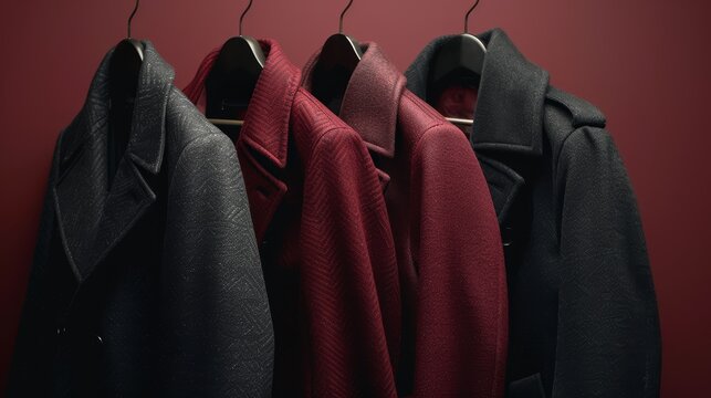 Stylish collection of coats presented against a regal maroon background, accentuating their premium quality and design