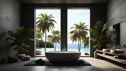 Fototapeta premium A serene bathroom with an ocean view boasting an elegant freestanding bathtub, surrounded by tropical plants and minimalistic decor