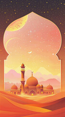 Postcard with mosque, crescent, minaret, arched windows and dunes. Ramadan. landscape with desert and moon