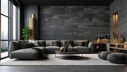 This image showcases a stylish and sleek modern living room with gray walls, large window, and luxurious couches, embraced by subtle golden accents
