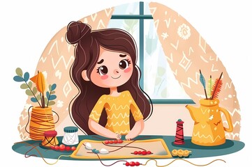 a cartoon illustration of a sad girl with a knife in her hand. girl doing needlework illustration
