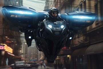 Cyber agent patrols the city streets on a high-tech hoverbike, showcasing advanced transportation