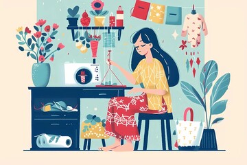 a cartoon illustration of a sad girl with a knife in her hand. girl doing needlework illustration