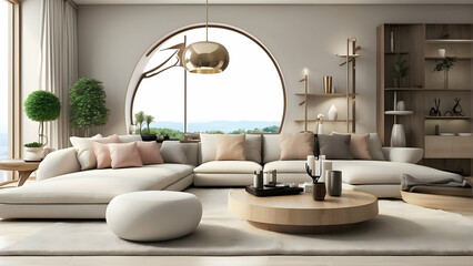 Spacious living room featuring soft neutrals, a statement circular mirror, and carefully curated shelves