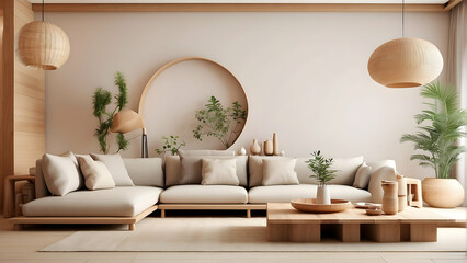This contemporary living space combines natural elements with a rich beige tone, creating a cohesive and modern interior