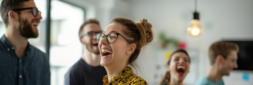 A cheerful young woman laughing heartily with colleagues, promoting a positive and fun office culture